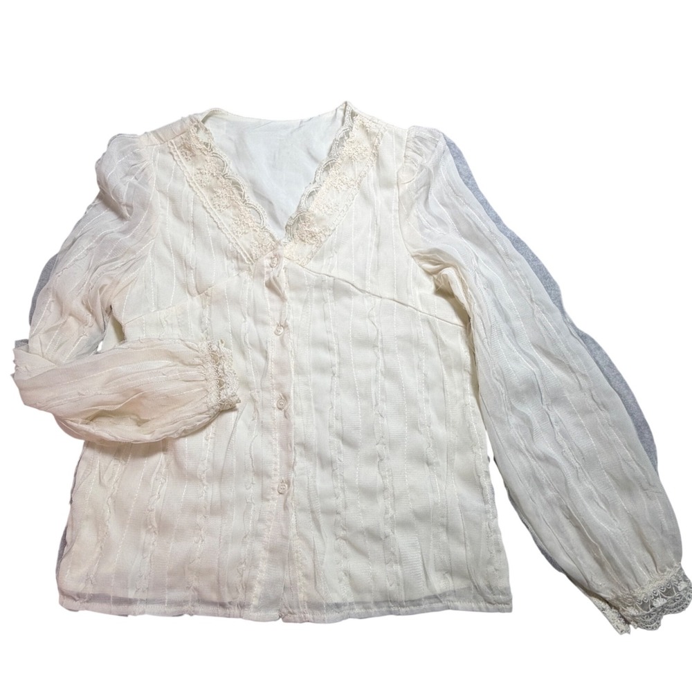 Dazy Cream Lace Trim Mesh‎ Button Front Blouse Long Sleeve Cottagecore Top Small